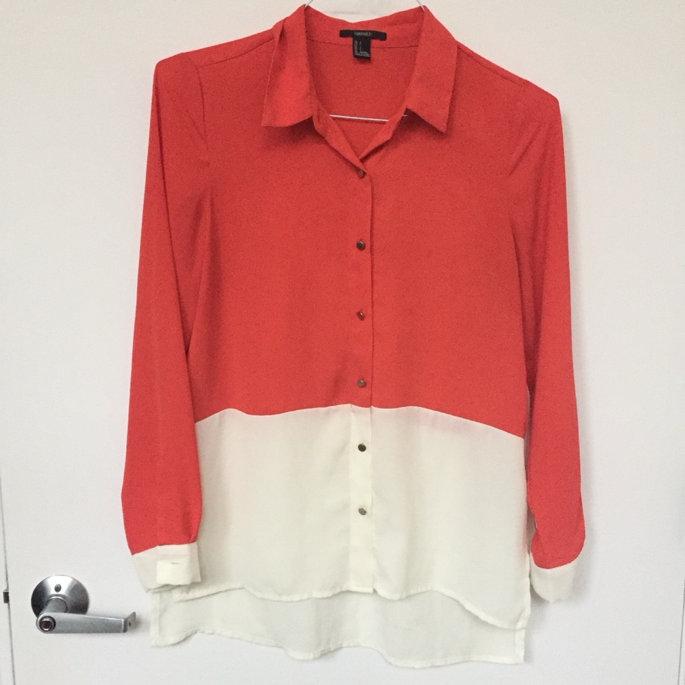 Forever 21 colorblock button up blouse coral cream teacher summer coastal office